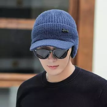 Шапки-бини с плюшевой подкладкой, снегозащитные с ушным клапаном, защитные от холода, вязаные шапки, зимние теплые береты One size темно-синий