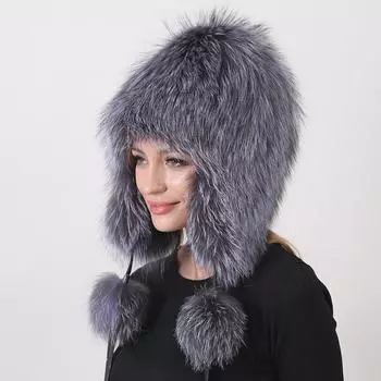 Шапки-бомберы из лисьего меха для женщин, пушистая шапка-ловушка из натурального меха с ушками Adjustable(55-60cm)