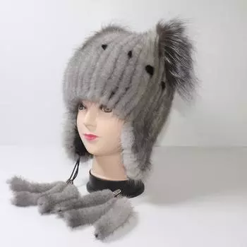 Шапки для защиты ушей для женщин, зимняя шапка из натурального меха норки, женская вязаная шапка из натурального меха норки, хорошее качество, теплые меховые шапки Elasticity 52cm-60cm чёрный