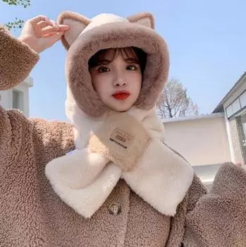 Шапки для женщин зимняя милая плюшевая шапка с ушками теплый шарф утолщенная теплая ветрозащитная шапка женская на шнуровке защитная шапка для ушей лыжная шапка шарф комплект