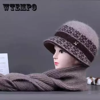 Шапки и шарфы, дамы среднего возраста и пожилые люди согреются осенью и зимой из кроличьего меха, а также пуховая шапка-бабушкина вязаная шапка One size