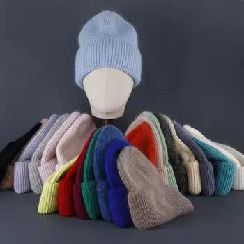 Шапки из меха кролика, мягкая, теплая, пушистая зимняя шапка для женщин, вязаная шапка из ангоры, шапки-чепчики для женщин, женская вязаная шапка 55cm-60cm