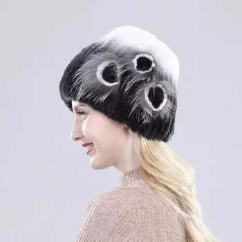 Шапки из меха кролика Рекс для России, женские, зимние, уличные, теплые, вязаные, шапки из меха кролика Рекс, модные, толстые, 100% натуральный мех Good elasticity 52cm-60cm белый/чёрный