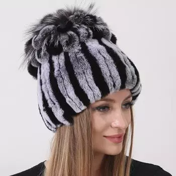 Шапки из меха рекса для женщин, теплая зимняя вязаная шапка из натурального меха кролика Elastic(55-59cm)