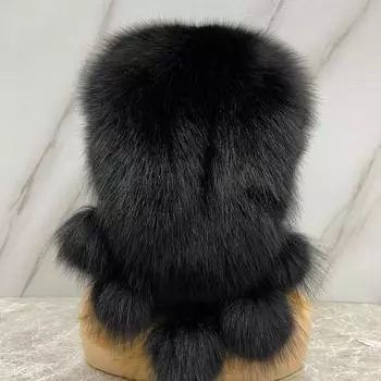 Шапки из натурального лисьего меха для женщин Шапка-ушанка Пушистая Снежная Россия Зима Теплая Шапочка с помпонами Мужская Уличная Холодная Роскошная Настоящая Меховая Шапка head size 55-62cm чёрный