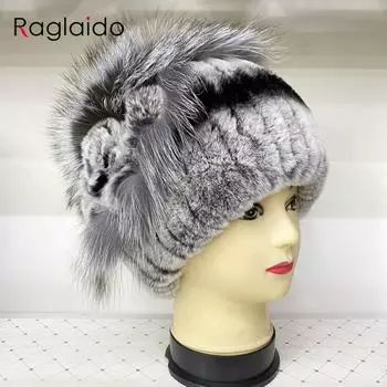 Шапки из натурального меха кролика рекс для женщин, пушистые теплые шапки в полоску с цветочным принтом, женские теплые зимние меховые шапки head 55-60cm серый