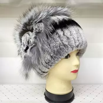 Шапки из натурального меха кролика рекс для женщин, пушистые теплые шапки в полоску с цветочным принтом, женские теплые зимние меховые шапки head 55-60cm серый