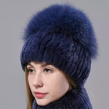 Шапки из натурального меха, женские вязаные шапки с кроликом и лисой, пушистая зимняя теплая женская шапка, роскошные головные уборы, шапки из натурального меха, шапка One Size чёрный