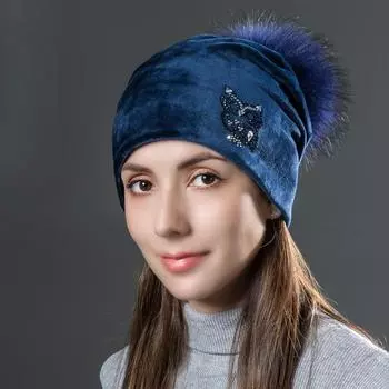 Шапки со стразами в виде совы для женщин, зимние теплые, плюс бархатные модные шапки с помпонами из натурального меха, женские шапки-бини белый