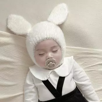 Шапочка для девочки, плюшевые кроличьи ушки, симпатичная зимняя утолщенная теплая вязаная наушник для девочки Suggested 3-18 months _40 -48CM белый