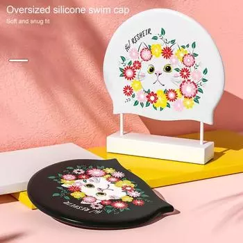 Шапочка для плавания, легко носить, противоскользящая текстура, эластичная белая/черная женская шапка с рисунком кота, силиконовая шапка для бассейна на лето белый