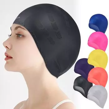 Шапочка для плавания с защитой ушей Водонепроницаемая силиконовая шапочка для плавания для мужчин и женщин с длинными волосами сплошная цветная большая шапочка для дайвинга One Size чёрный