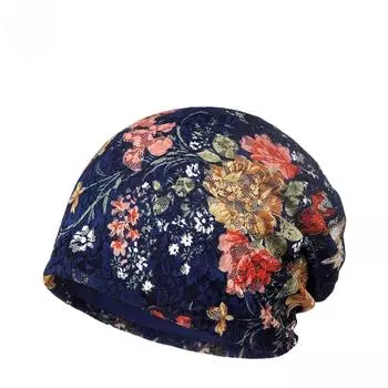 Шапочка для родов, весенние и осенние дни, женский топ, открывающий лицо, тонкие приподнимающиеся цветы, дышащая универсальная кружевная шапочка для химиотерапии one size/elastic сапфировый