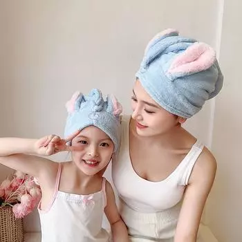 Шапочка для сухих волос для женщин, впитывающая головной платок для родителей и детей, коралловый флис, кролик, быстросохнущая шапочка для волос для студентов, полотенце для сухих волос 65*25cm/55*20cm синий