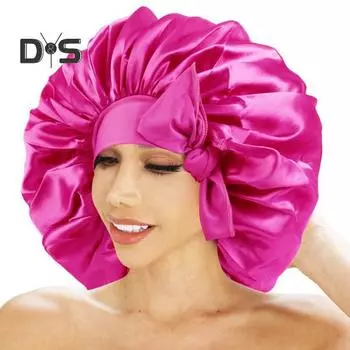 Шапочка для волос Атласный капот Очень большой спальный чепчик Сплошной цвет Декор с бантом Резинка Высокая плотность Женские косы Вьющаяся ночная шапка Ванна Шапочка для душа красный
