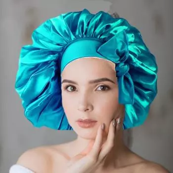 Шапочка для волос Атласный капот Очень большой спальный чепчик Сплошной цвет Декор с бантом Резинка Высокая плотность Женские косы Вьющаяся ночная шапка Ванна Шапочка для душа розы красного