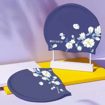 Шапочки для плавания для женщин, мягкие силиконовые шапочки для плавания, большие размеры, длинные волосы, защита ушей, шапочка для плавания с цветочным принтом, аксессуары для бассейна темно-синий