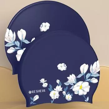 Шапочки для плавания для женщин, мягкие силиконовые шапочки для плавания, большие размеры, длинные волосы, защита ушей, шапочка для плавания с цветочным принтом, аксессуары для бассейна темно-синий
