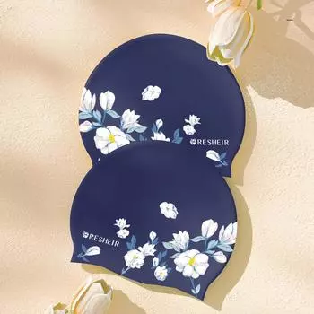 Шапочки для плавания для женщин, мягкие силиконовые шапочки для плавания, большие размеры, длинные волосы, защита ушей, шапочка для плавания с цветочным принтом, аксессуары для бассейна темно-синий