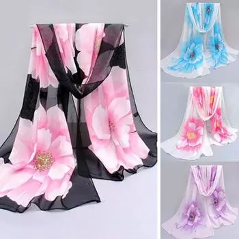 Шарф Цветочный Модный Шифоновый Шейный Платок Женский Изящный Шаль для Свиданий чёрный