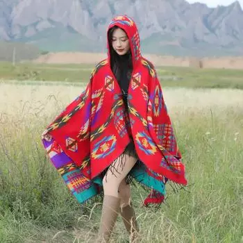Шарф для фото путешествий, женский, с геометрическим узором, с капюшоном, в этническом стиле, вязаная накидка, шаль с роговой пряжкой, теплая женская шаль с разрезом 135-175CM темно-синий
