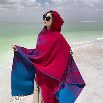 Шарф для путешествий в пустыне, шаль, защита от солнца на море, фото, накидка с капюшоном, женская, большая северо-западная накидка 130*150CM красный