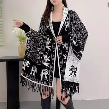 Шарф, двухсторонняя шаль, накидка, утолщенный кашемир для сохранения тепла, фото путешествия в этническом стиле, с рукавами и бахромой в виде слоненка снаружи Above 175cm оранжевый