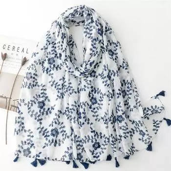 Шарф из хлопка и конопли Four Seasons, ретро-арт, этнический стиль, синий цветок, балийский шелковый шарф, туристическая шаль 180*88