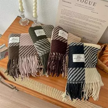 Шарф из искусственного кашемира с твилом, женский зимний, с бахромой, в стиле ретро, утолщенный, теплый, шаль above 175cm хаки