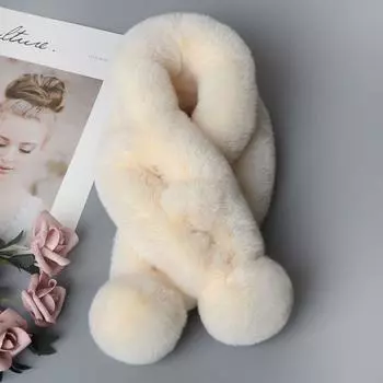 Шарф из искусственного меха кролика, двойной трубчатый меховой шарф с двумя шариками, зимний женский двусторонний теплый утолщенный шарф белый