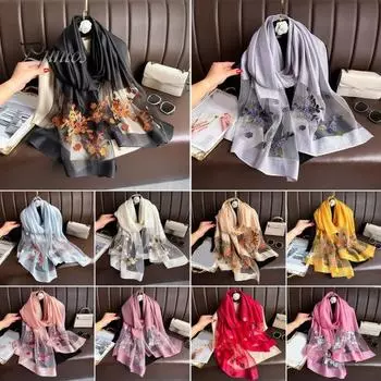 Шарф из искусственного шелка с вышитым бисером и цветком яблони, женская универсальная шаль, удобный шарф из искусственного шелка светло-фиолетовый