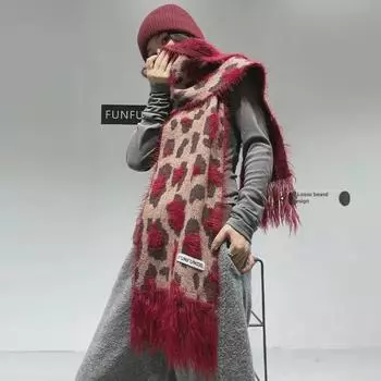 Шарф из кашемира и шерсти с леопардовым принтом для женщин - шаль с кисточками на осень и зиму, уютный корейский стиль 26*180 cm серый/синий