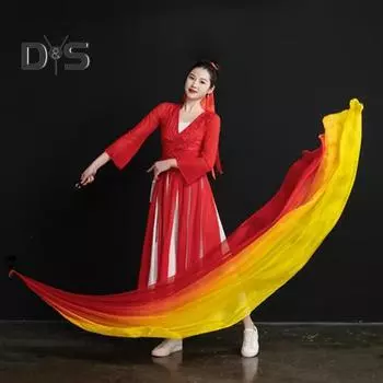 Шарф из марли, женская одежда для выступлений на сцене, градиентный цвет, струящийся длинный шарф, набор для фотосъемки, веер для классического танца красный черный