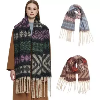 Шарф Круглая пряжа, шаль из рыбьей кости, утолщающий шарф, сохраняющий тепло, с толстым жаккардовым узором и кисточками 185*40+15cm