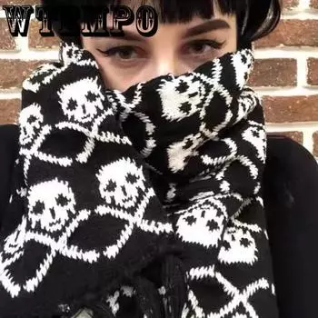 Шарф осень-зима Y2k Harajuku череп утолщенный теплый вязаный шарф жаккардовый шарф со скелетом для женщин 180*20cm