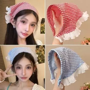 Шарф-повязка на голову в стиле ретро, французский клетчатый милый и милый платок на голову One Size синий