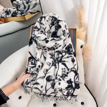 Шарф с цветочным принтом для милой девушки из колледжа, теплый, утолщенный, кашемировый, с бахромой 67*180 белый