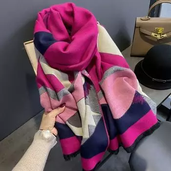 Шарф с геометрическим принтом, осень-зима, толстая теплая шаль из искусственного кашемира розовый