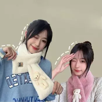 Шарф с изображением медведя, универсальный однотонный зимний вариант, симпатичный плюшевый шейный платок, защита шеи от холода и тепла, уличный чехол для ветрового стекла, шарф. Send bear doll-24 * 80cm белый