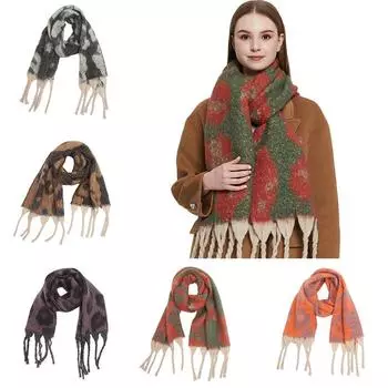 Шарф с леопардовым принтом, круглая пряжа, жаккард, большая шаль, зимняя, грубая, с кисточками, сохраняющая тепло 185*40cm