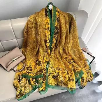 Шарф с принтом, весенне-летняя картина маслом, летний шарф из искусственного шелка, женское пляжное полотенце, шаль зелёный/жёлтый