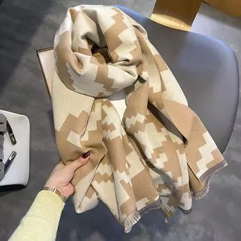 Шарф с узором «гусиные лапки», женский осенне-зимний кашемировый шаль, теплый клетчатый шарф двойного назначения синий