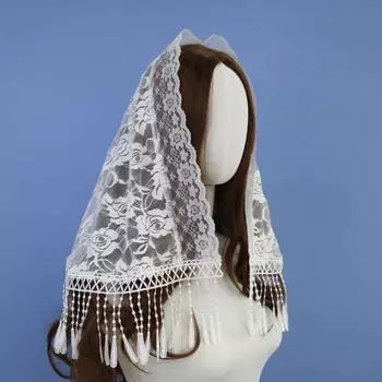 Шарф с вышитыми кисточками для церковной шали, молитвенная шаль для католической церкви, прозрачная испанская кружевная вуаль с цветочным принтом-мантильей белый
