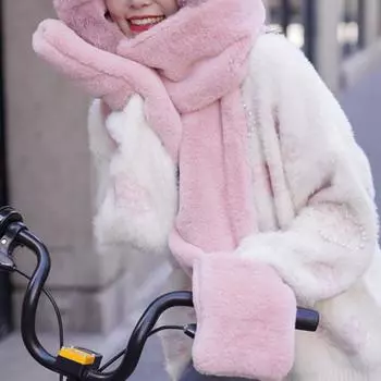 Шарф, шапка, комплект из трех частей перчаток, комплект зимнего утолщенного шарфа One Size розовый