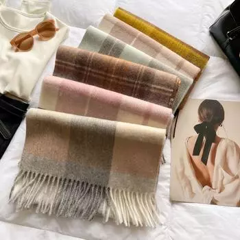 Шарф в британском стиле, унисекс, длинный шарф с бахромой, теплый шарф, шаль на осень и зиму 180*35 серый