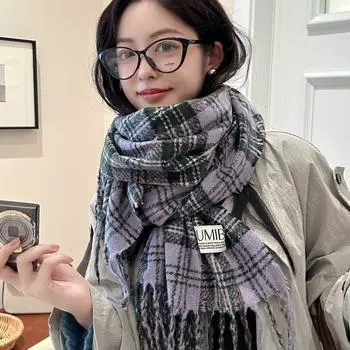 Шарф в клетку Майяра, женский, сезонный, утолщенный, теплый, шаль двойного назначения, однотонный, для студентов, воротник-нагрудник лавандовый