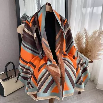Шарф женский полосатый теплый шарф кондиционер для комнаты шаль двухсторонний многоцелевой 180*65cm оранжевый