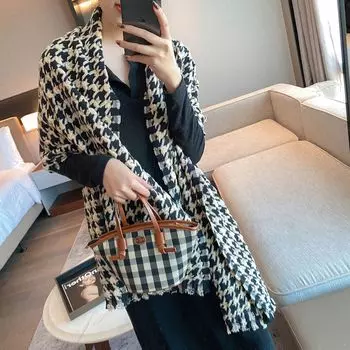 Шарф женский удлиненный и утолщенный, чтобы сохранять тепло в японском и корейском стиле, иностранный стиль, длинная шаль с кисточками Low Version - Thousand Birds Black