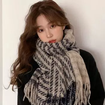 Шарф женский зимний 2024 новый утолщенный теплый клетчатый платок корейская версия автостопа кисточка воротник унисекс темно-синий