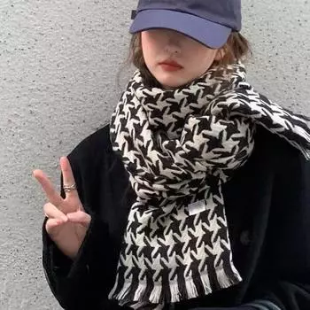 Шарф женский зимний High-end Sense Cashmere Warm Girl Thousand Bird Grid Scarf Atmosphere Sense Day темно-синий